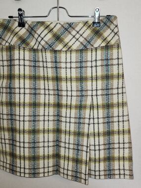 LOFT Cream Plaid A-Line Skirt with Blue and Olive Stripes